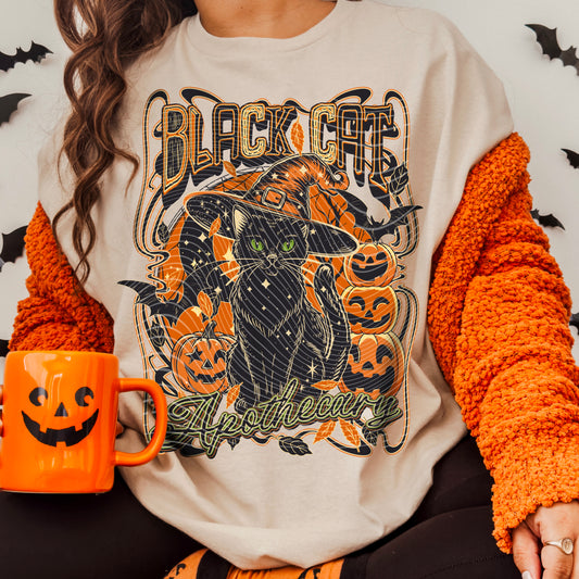 Black Cat Apothecary Orange Background Tee