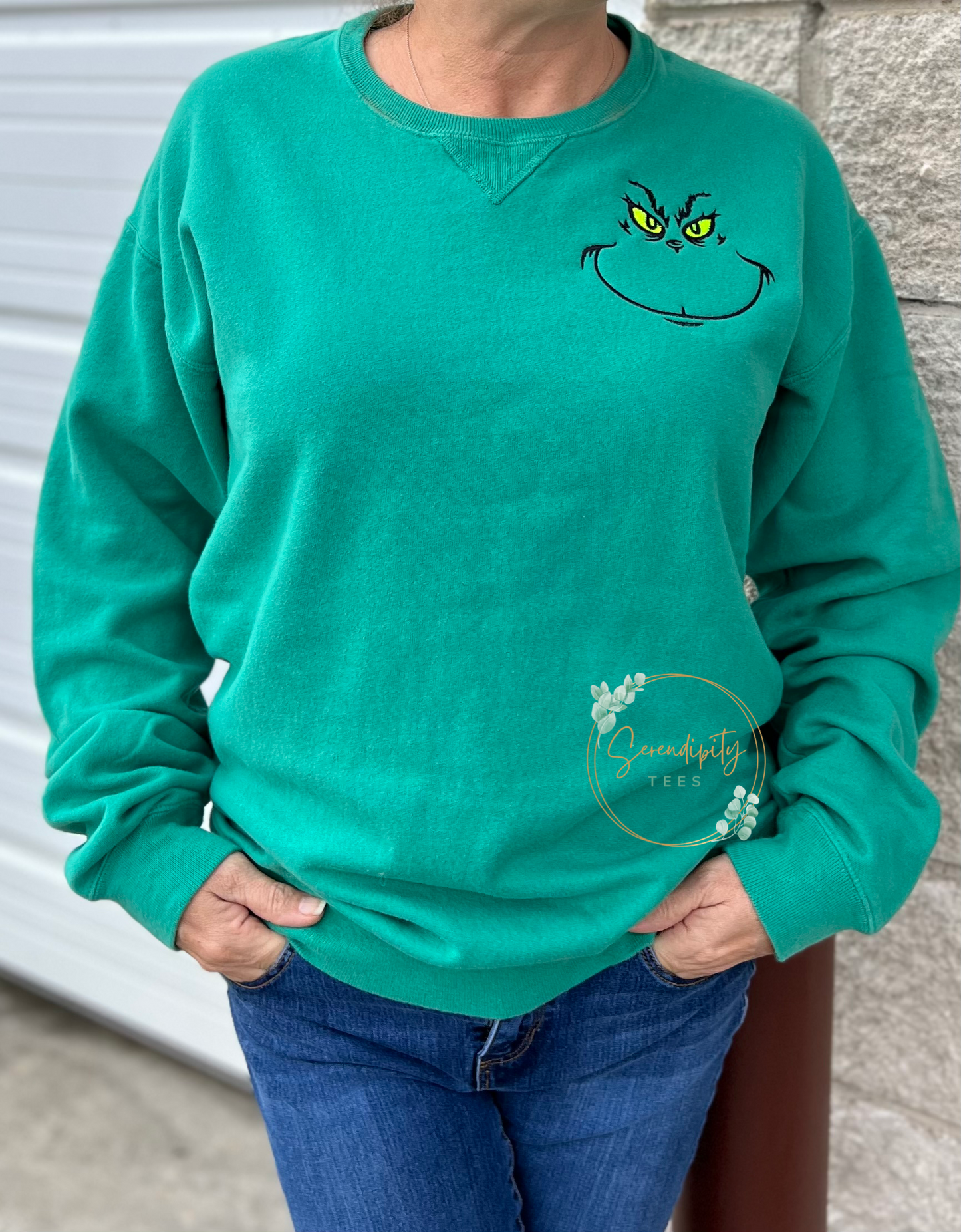 Embroidered Grinch Face Sweatshirt