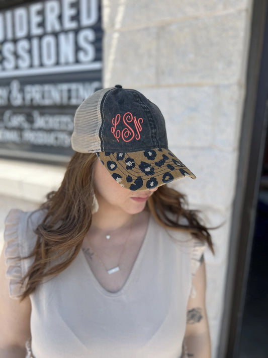 Monogram Leopard Embroidered Ponytail Hat
