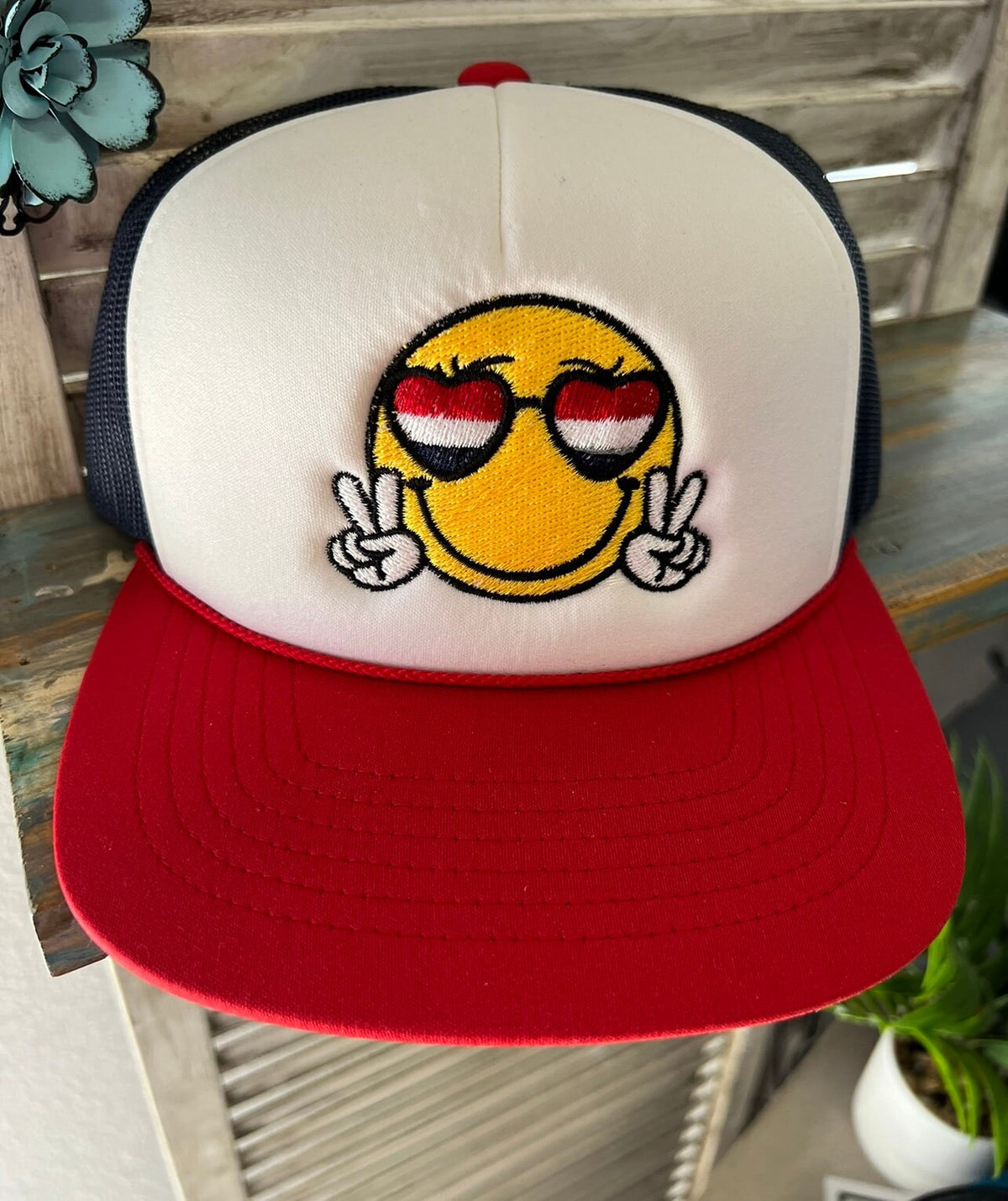 Peace Out Smiley Embroidered Trucker Hat
