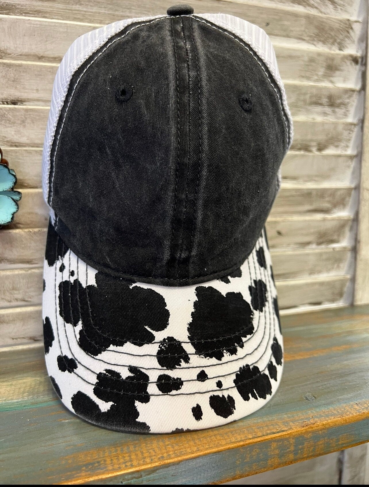 Monogram Cowprint Embroidered Ponytail hat