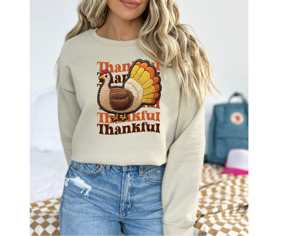 Thankful Faux Embroidered Turkey Sweatshirt